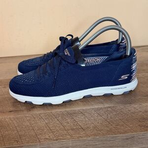 Skechers On The Go Loafer Shoes Womens 6 Navy Blue Knit Slip-On Air-Cooled Goga